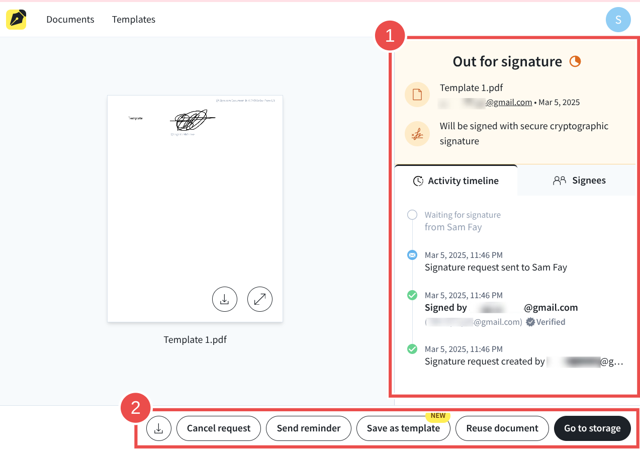 Sign.com's document status page allows users to monitor signature progress, view activity, track signees, and take action on documents.